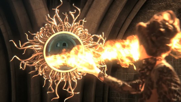 evil queen throwing fire through magic mirror