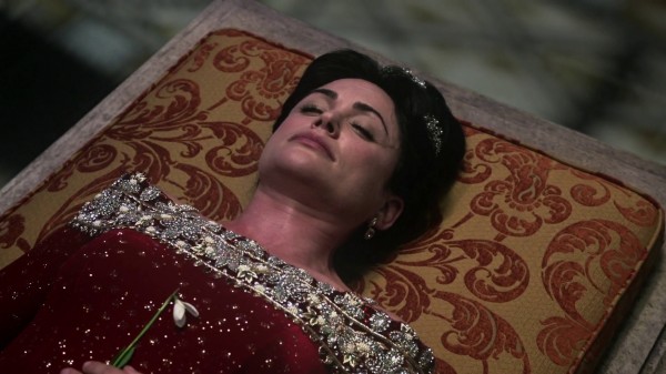 Queen Eva with snowdrop flower (2x15-The Queen Is Dead)-Once Upon a Time podcast