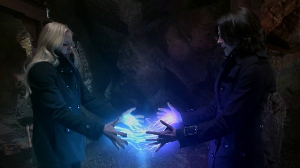 Emma and Regina use magic to stop the trigger (2x22-And Straight on 'til Morning)