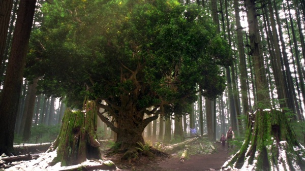 Once Upon a Time 4x14 Unforgiven - Geppetto and Pinocchio standing near an enchanted tree