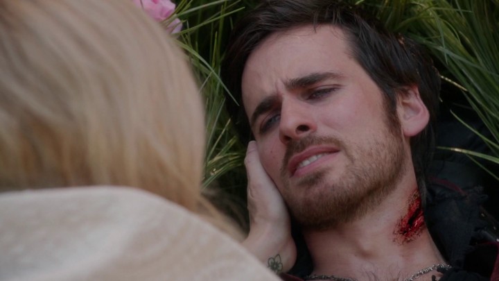 Once Upon a Time 5x08 Birth - Emma with dying Hook in field of Middlemist flowers