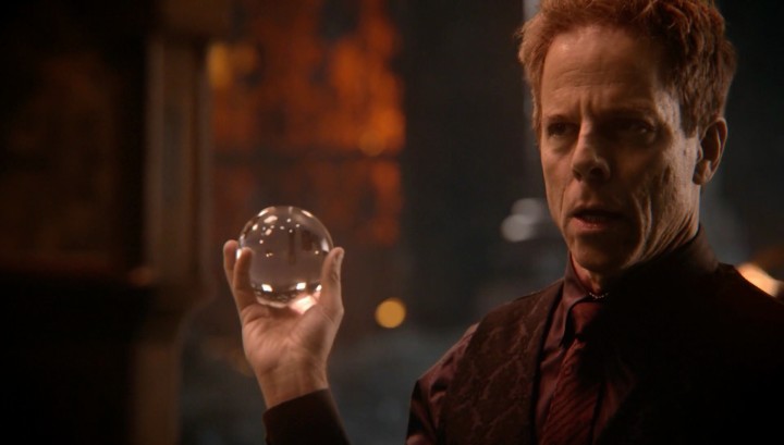 Once Upon a Time podcast 5x14 Devil's Due - Hades holding crystal ball revealing Belle's pregnancy