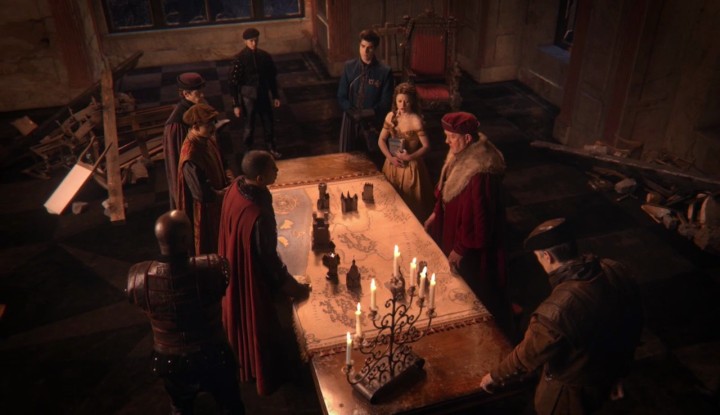 Once Upon a Time 5x17 Her Handsome Hero - Belle, father Mo French and Gaston with knights discussing Ogre's position with map of the kingdom in 1x12 Skin Deep