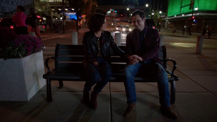 Once Upon a Time 7x06 Wake Up Call - Regina sitting on a bench with Henry